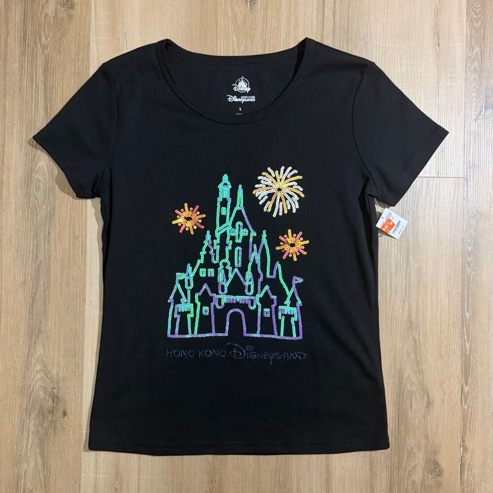 New Disney Hong Kong Black Sequined Shirt Sz L Disneycore Fairycore Grannycore